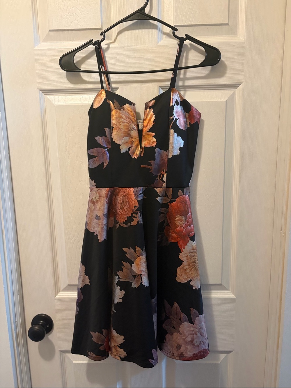 Charlotte Russe Black Floral A-Line Mini Dress with Gold and Pink Blooms